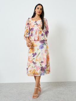 Styli - Women Multi-Color Floral Printed Sweetheart Neck Long Puff Sleeves A-Line Midi Dress