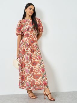 Styli - Women Multi Floral Printed Boat Neck Puff Sleeves A-Line Maxi Dress