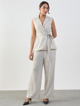 Femmella - Off-White Stripe Cotton Linen Wrap Co-Ord Set