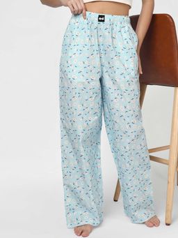 Bewakoof - Womens Blue All Over Printed Wide Leg Pyjama