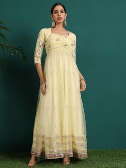 Ethnovog - Yellow Embroidered Ruched Pattern Style Gown
