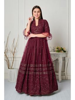 Ethnovog - Wine Georgette Embroidered Gown