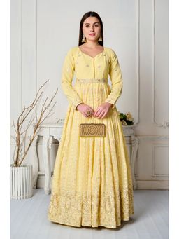 Ethnovog - Light Yellow Embroidered Georgette Gown with Belt (Set of 2)