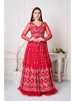 Ethnovog - Red Embroidered Georgette Gown