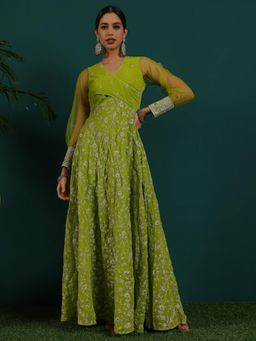 Ethnovog - Green Embroidered Georgette Gown