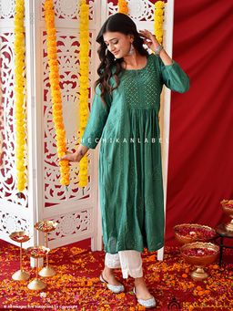 The Chikan Label - Green Rooh Chanderi Chikankari A-Line Kurti