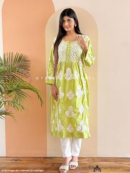 The Chikan Label - Amulya Cotton Chikankari Nyra Cut Straight Kurti - Pista Green