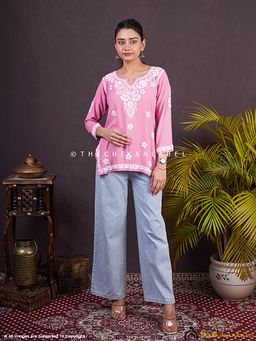 The Chikan Label - Sangeet Modal Chikankari Short Kurta-Baby Pink