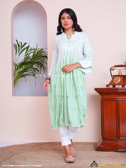 The Chikan Label - Green Zahrah Muslin Chikankari Jhalar Yok Anarkali