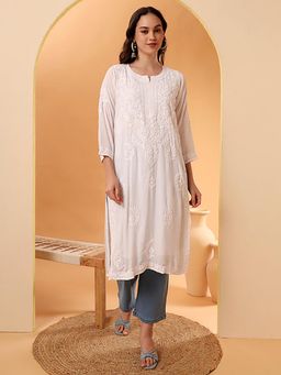 The Chikan Label - Tripti Modal Chikankari Straight Kurti - White