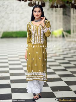 The Chikan Label - Amara Muslin Chikankari Straight Kurti - Mehndi Green