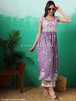 The Chikan Label - Rahila Mulmul Printed Sleeveless A-Line Kurti - Purple