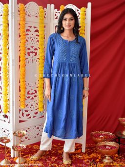 The Chikan Label - Blue Rooh Chanderi Chikankari A-Line Kurti