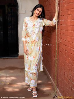The Chikan Label - Darmiyan Mulmul Cotton Kurti Palazzo Set-Green