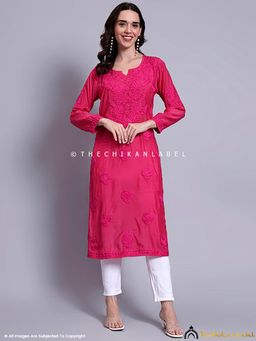 The Chikan Label - Sama Muslin Chikankari Straight Kurti - Hot Pink