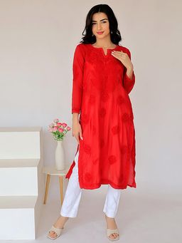 The Chikan Label - Sama Muslin Chikankari Straight Kurti - Red