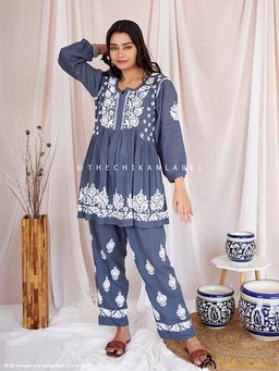 The Chikan Label - Rosa Modal Chikankari Short Kurta Set-Grey