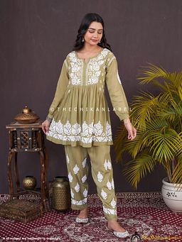 The Chikan Label - Rosa Modal Chikankari Short Kurta Set-Mehndi