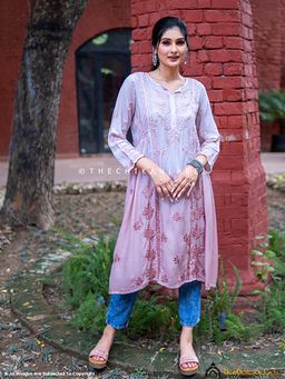 The Chikan Label - Anisa Modal Chikankari A-Line Kurti - Choco