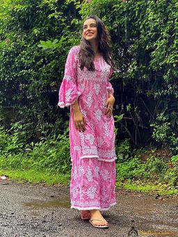 The Chikan Label - Ankita Sharma Bandhani Mulmul Chikankari Kurta With Palazzo - Pink