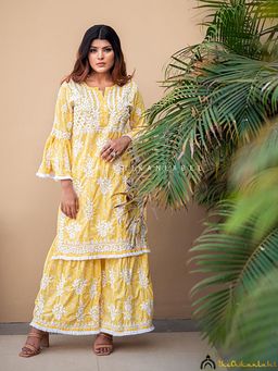 The Chikan Label - Bandhani Mulmul Cotton Chikankari Kurta Set - Yellow