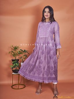 The Chikan Label - Mauve Noori Muslin Chikankari Anarkali