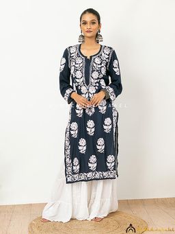 The Chikan Label - Navy Blue Duaa Modal Chikankari Straight Kurti