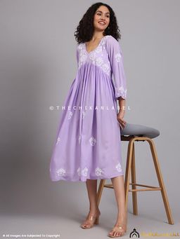 The Chikan Label - Aina Modal Chikankari Alia Cut A-Line Kurti -Lavender