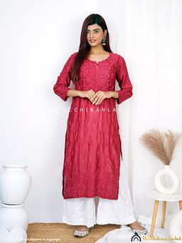 The Chikan Label - Afseen Chanderi Chikankari Straight Kurti -Maroon