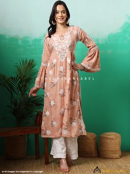 The Chikan Label - Zoha Mulmul Cotton Chikankari A-Line Kurti - Orange