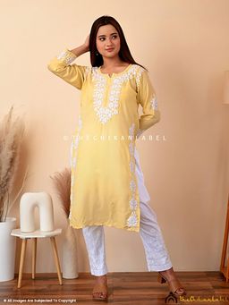 The Chikan Label - Aisha Rayon Chikankari Straight Kurti -Yellow