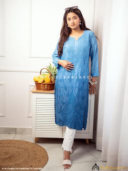 The Chikan Label - Jivika Muslin Chikankari Straight Kurti-Blue
