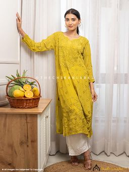 The Chikan Label - Bindiya Crepe Chikankari Straight Kurti - Mehndi