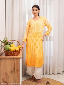 The Chikan Label - Asmeet Muslin Chikankari Straight Kurti-Yellow