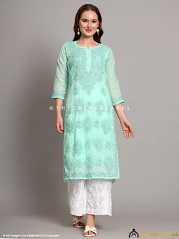 The Chikan Label - Naina Cotton Chikankari Straight Kurti With Inner - Sea Green