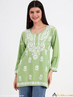 The Chikan Label - Ruzina Rayon Chikankari Short Top - Pista Green