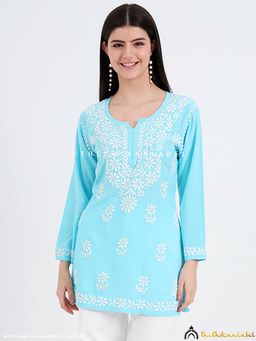 The Chikan Label - Ruzina Rayon Chikankari Short Top - Sky Blue