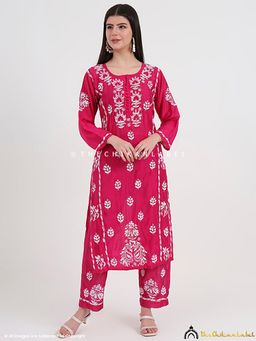 The Chikan Label - Aasia Chanderi Chikankari Kurti Palazzo Set - Hot Pink