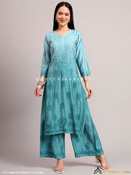 The Chikan Label - Gehna Chanderi Chikankari Kurti Palazzo Set - Green