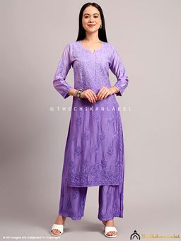 The Chikan Label - Gehna Chanderi Chikankari Kurti Palazzo Set - Lavender