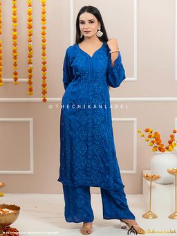 The Chikan Label - Noor-E-Bahar Blue Satin Modal Chikankari Kurta Set