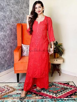 The Chikan Label - Red Roza Modal Chikankari Straight Kurta Set