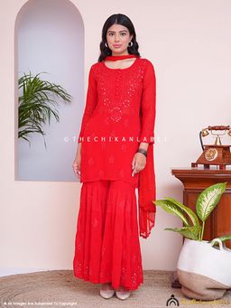 The Chikan Label - Red Haya Viscose Chikankari Kurta With Sharara