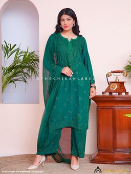 The Chikan Label - Green Liyana Viscose Chikankari Straight Kurta Set With Dupatta
