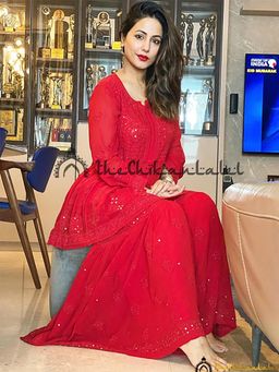 The Chikan Label - Hina Khan Red Hina Viscose Chikankari Kurta Sharara Set