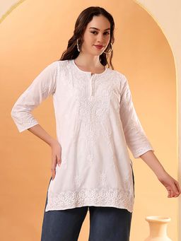 The Chikan Label - White Ira Cotton Chikankari Short Kurta