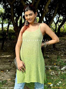 The Chikan Label - Green Jia Viscose Chikankari Strappy Short Kurta