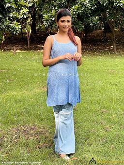 The Chikan Label - Powder Blue Jia Viscose Chikankari Strappy Short Kurta