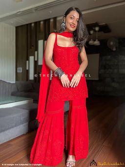 The Chikan Label - Jia Viscose Chikankari Strappy Kurta Set With Dupatta - Red