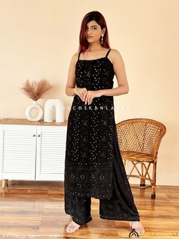 The Chikan Label - Nushrat Bharucha Sukoon Viscose Chikankari Strappy Kurta - Black